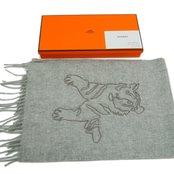 HERMES Muffler Tiger King Gris Claire Cine Brode Cashmere H391632T 02 Men's - Picture 6 of 6